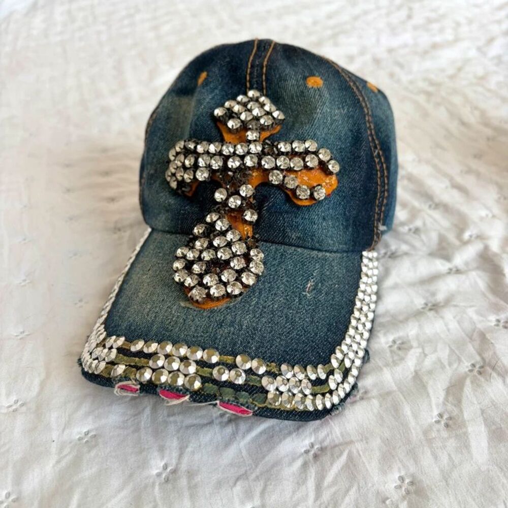 Y2K street distressed rhinestone cross denim cap